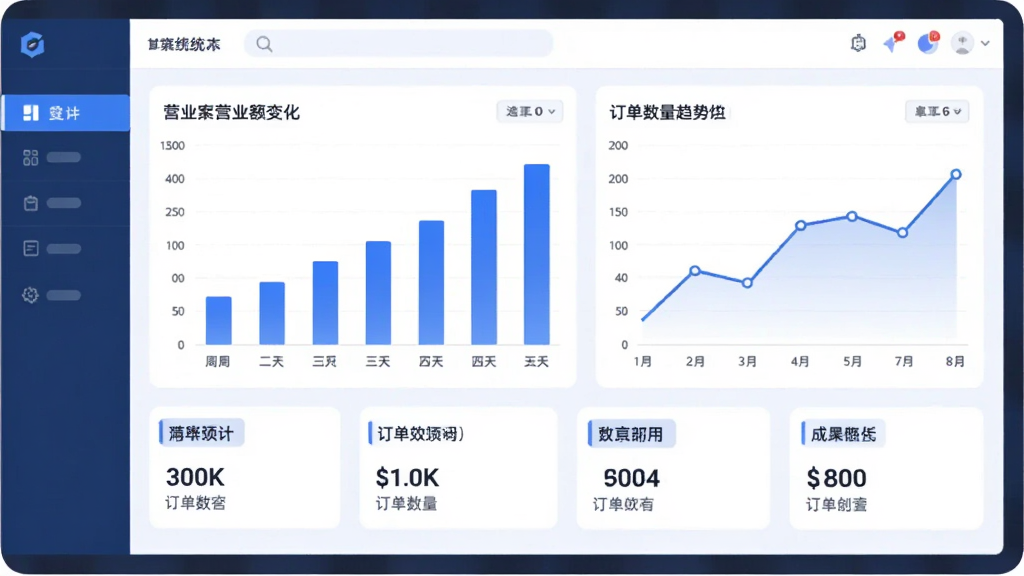 һ��AI���ɵĲ廭������չʾ�������̼ҵ�����ͳ��ҳ�棬��Ļ����ʾ��״ͼ������ͼ����״ͼչʾһ�������Ӫҵ��仯������ͼչʾ�����������ƣ�ͼ���·��л������ݿ�Ƭ���������������ɫ�������רҵ�����ʸɾ��޶���Ԫ��