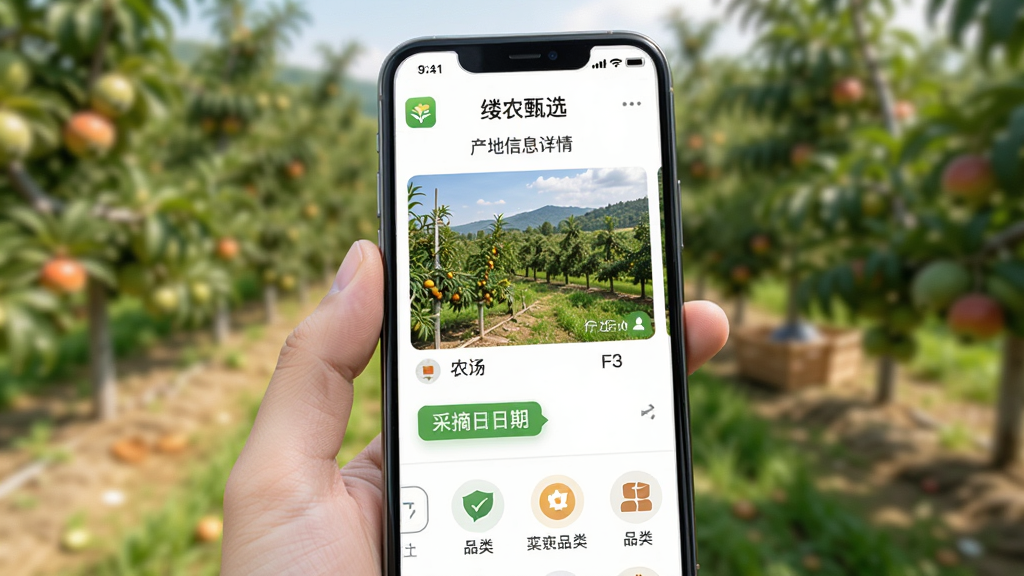 ��ũ��ѡApp������Ϣ����ҳ��չʾ��������һֻ�������ֻ�����Ļ������ũ��ѡ�Ĳ��ص������棬��ʾũ��ʵ��ͼ�Ͳ�ժ���ڱ�ǩ���Ա���ɸѡ��ť��Ʒ��ͼ�꣬������ģ���Ĺ�԰���������дʵ���£����ʸɾ��޶���Ԫ��