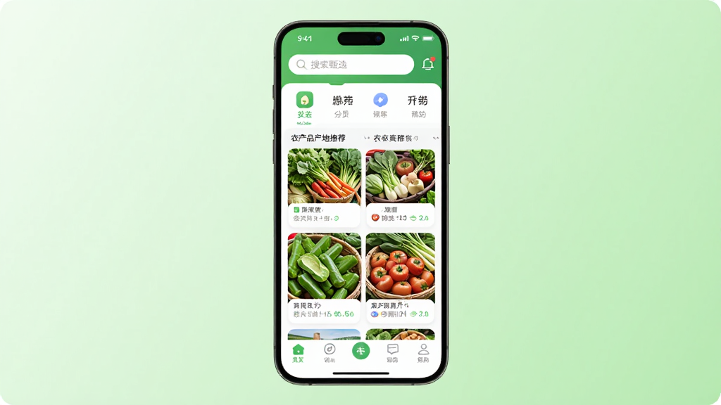 ��ũ��ѡApp������ȫòչʾ�������������ֻ���Ļ����Ļ����ʾ��ũ��ѡApp��ҳ���������������ͷ���ͼ�꣬�м���ũ��Ʒ�����Ƽ���Ƭ��ʵ��ͼ���ײ������������������Ǹɾ���ǳ��ɫ���䣬����ִ���ƽ��ϸ��Բ�󣬻��ʸɾ��޶���Ԫ��