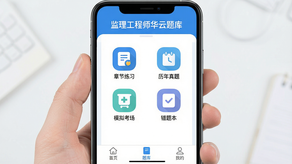 һ���ֻ���Ļչʾ����������ʦ������⡱App�������棬����������ɫΪ��ɫ����������ʾ����������ʦ������⡱�������м����ĸ��������ͼ��ֱ����½���ϰ���������⡢ģ�⿼�������Ȿ���ײ��ǡ���ҳ����⡢�ҵġ�����ѡ�������ɾ����࣬��ƽ����ƣ�Բ��ͼ�꣬�����������޶���Ԫ��
