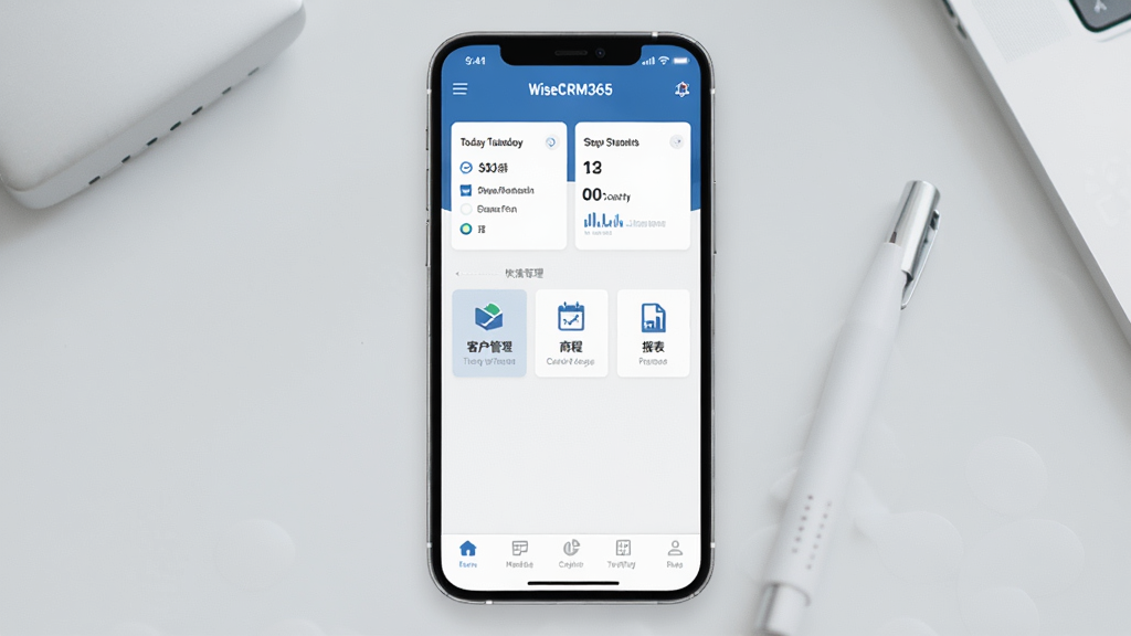 һ��չʾWiseCRM365�ƶ�����������ֻ�����ͼ������������һ���ִ������ֻ�����Ļ����ʾWiseCRM365Ӧ�õ���ҳ�������ǽ��մ���Ϳͻ�ͳ�ƿ�Ƭ���м��ǿ�ݹ���ͼ������ͻ��������̻����ճ̺ͱ������ײ��ǵ������������Ǽ���ǳ��ɫ�칫���棬�������ִ����񣬻��������ɾ����޶���Ԫ�ء�