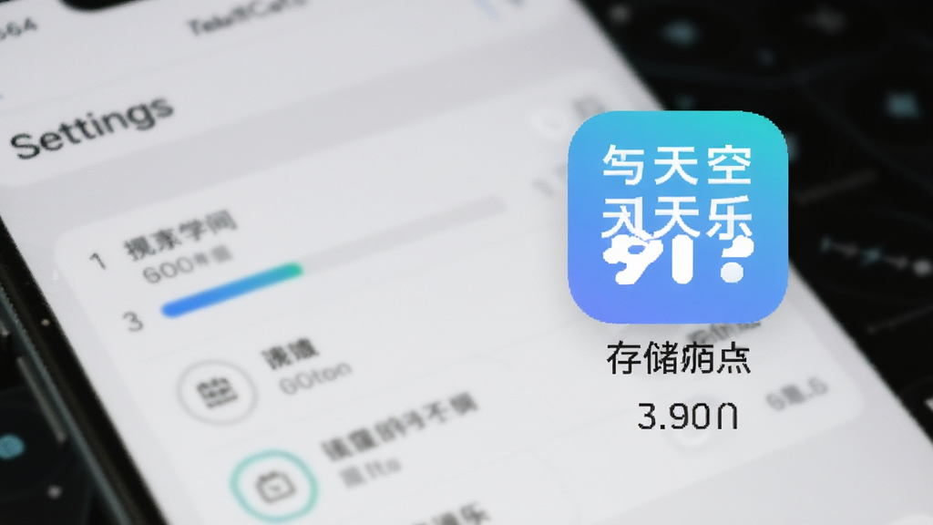 一张手机屏幕展示手机存储空间管理界面,旁边悬浮着五天乐APP的图标,图标下方显示占用空间很小的数字,背景是手机设置界面的模糊效果,整体风格科技感简洁,画质干净无多余元素