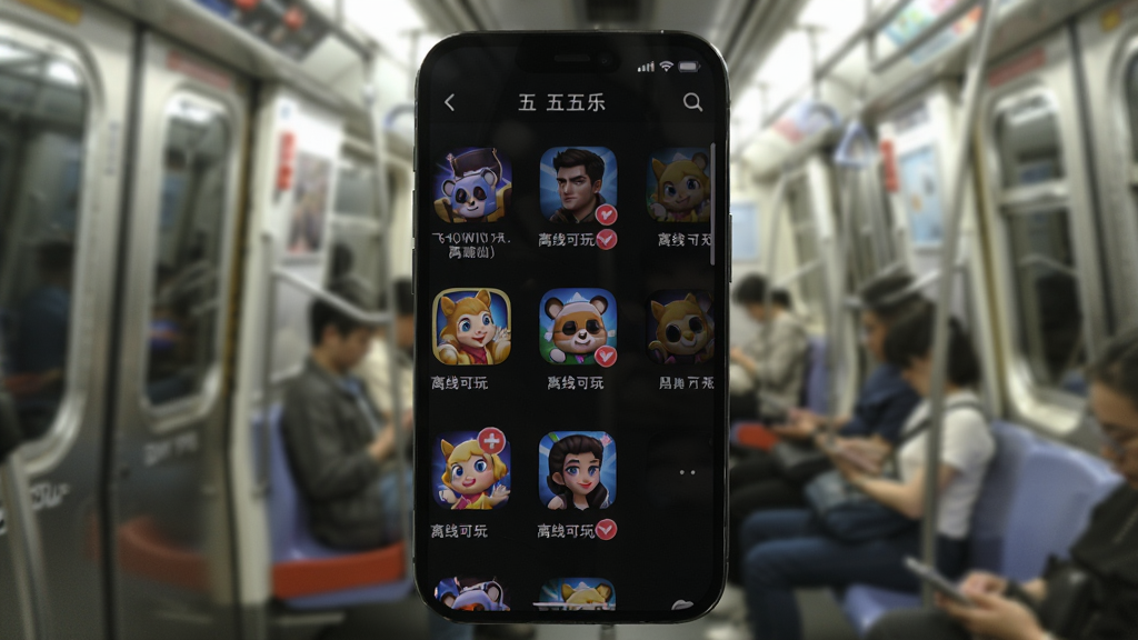 一张手机屏幕截图,展示五天乐APP在飞行模式或离线状态下的游戏列表界面,部分游戏图标带有离线可玩标识,背景是地铁车厢或电梯内的模糊场景,整体风格生活化,画质干净无多余元素