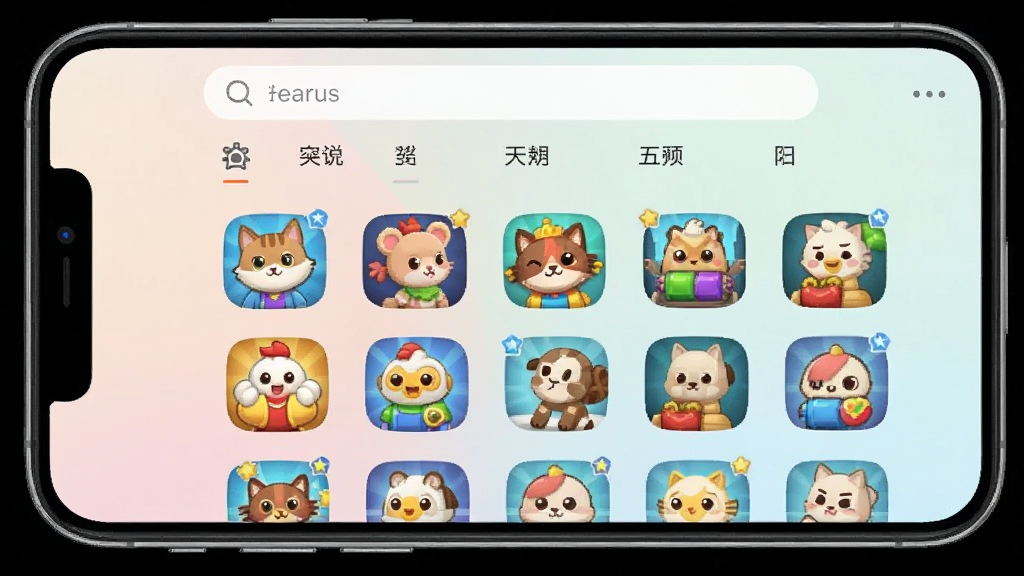 一张手机屏幕截图,展示五天乐APP的主界面,界面设计简洁明快,顶部有搜索栏和分类标签,中间是各种小游戏图标网格排列,背景是柔和的浅色渐变,图标色彩丰富但不过于刺眼,整体风格现代扁平,画质清晰干净,无多余元素