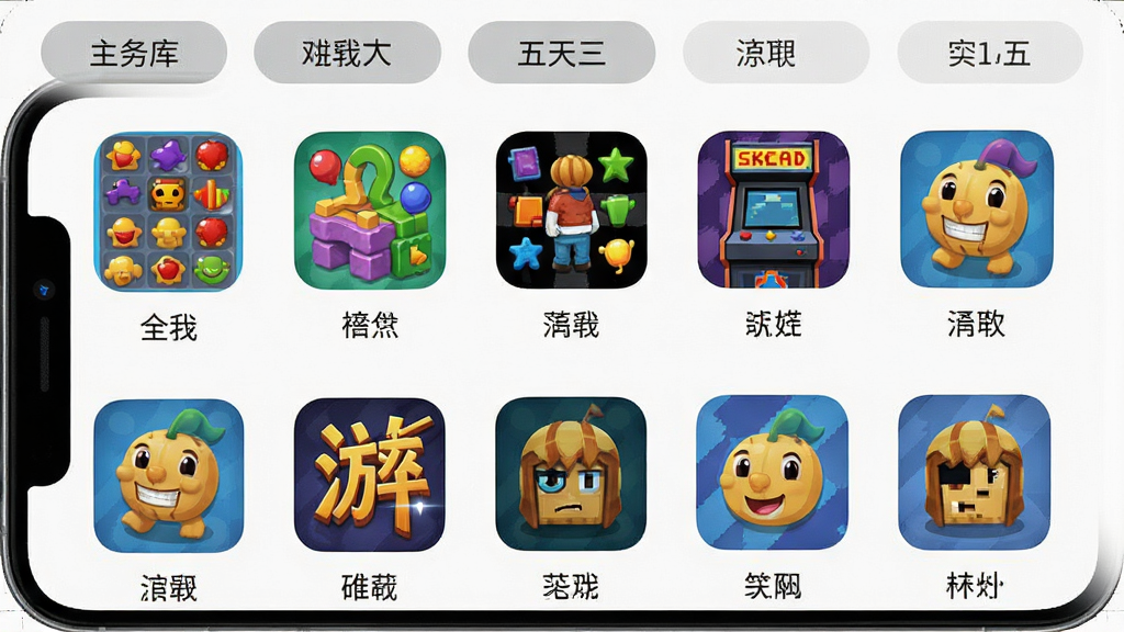 一张手机屏幕展示五天乐游戏库的截图,界面中排列着各种小游戏图标,有消除类、益智类、街机类等,图标下方标注游戏名称,背景干净整洁,顶部有分类筛选按钮,整体布局清晰,风格现代扁平,画质干净无多余元素