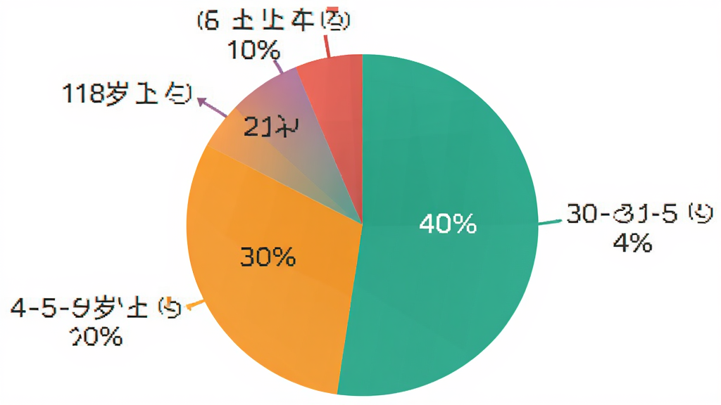 一张饼状图,展示五天乐用户年龄分布,18-30岁占40%,30-45岁占30%,45岁以上占20%,18岁以下占10%,饼图颜色区分明显,标签清晰,背景干净简洁,风格现代扁平,画质干净无多余元素