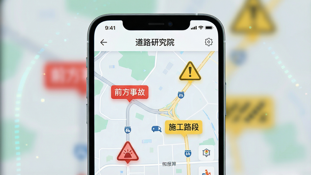 ����������һ���ֻ���Ļ��д����Ļ��ʾ����·�о�Ժ��APP�ڵĵ�ͼ���棬��ͼ�ϱ�ע�Ŷ����ɫ�ͻ�ɫ��·����ʾͼ�꣬�Ա������ֱ�ǩ�硰ǰ���¹ʡ�����ʩ��·�Ρ��������ϣ��ֻ���Ļռ�ݻ������ģ������黯������ͻ����ͼ��Ϣ������ǿƼ���UI��ƣ�ϸ����ͼ�����������ʸɾ����޶���Ԫ�ء�