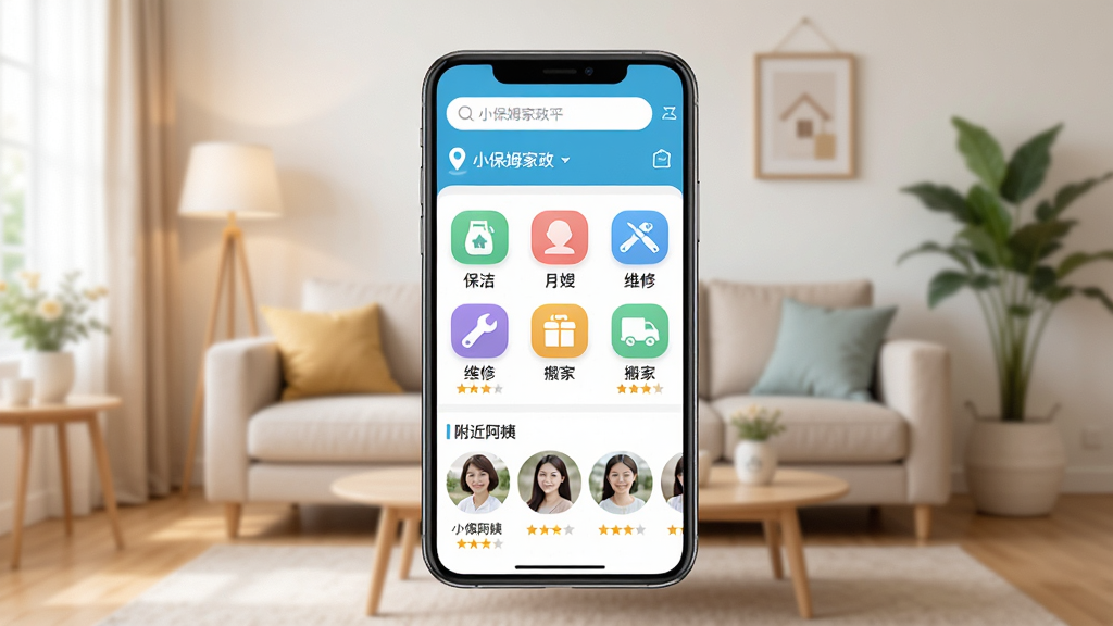 小保姆家政平台手机App首页界面展示,画面中央是一部现代智能手机,屏幕显示小保姆家政平台的主页,顶部有搜索框和城市定位,中间是保洁、月嫂、维修、搬家等分类图标,下方是附近阿姨的头像列表和评分,背景是温馨的家庭客厅环境,风格简洁明亮,细节清晰,画质干净,文字内容为小保姆家政平台