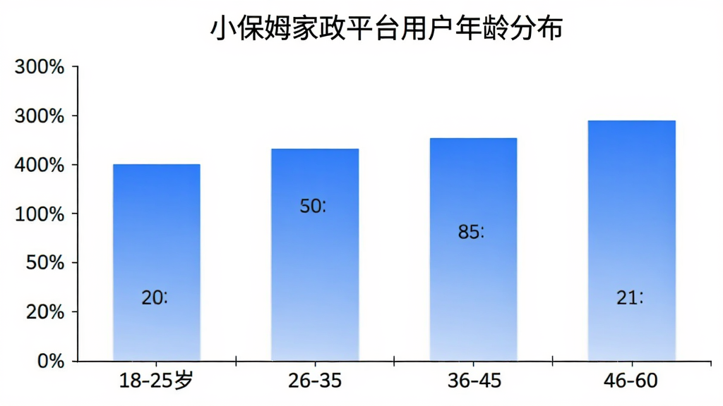 小保姆家政平台用户年龄分布柱状图,横轴为年龄段18-25岁、26-35岁、36-45岁、46-60岁,纵轴为用户占比百分比,柱状颜色为蓝色渐变,图表标题为小保姆家政平台用户年龄分布,背景白色,风格简洁,细节清晰,画质干净