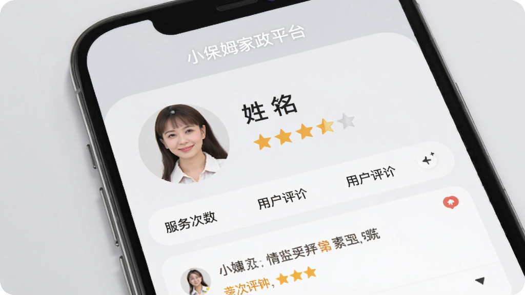 小保姆家政平台阿姨信用档案页面,手机屏幕显示一位家政阿姨的个人主页,包含头像、姓名、评分星级、服务次数、用户评价列表,背景是淡灰色,布局清晰,风格现代,细节圆润,画质干净,屏幕顶部有文字小保姆家政平台