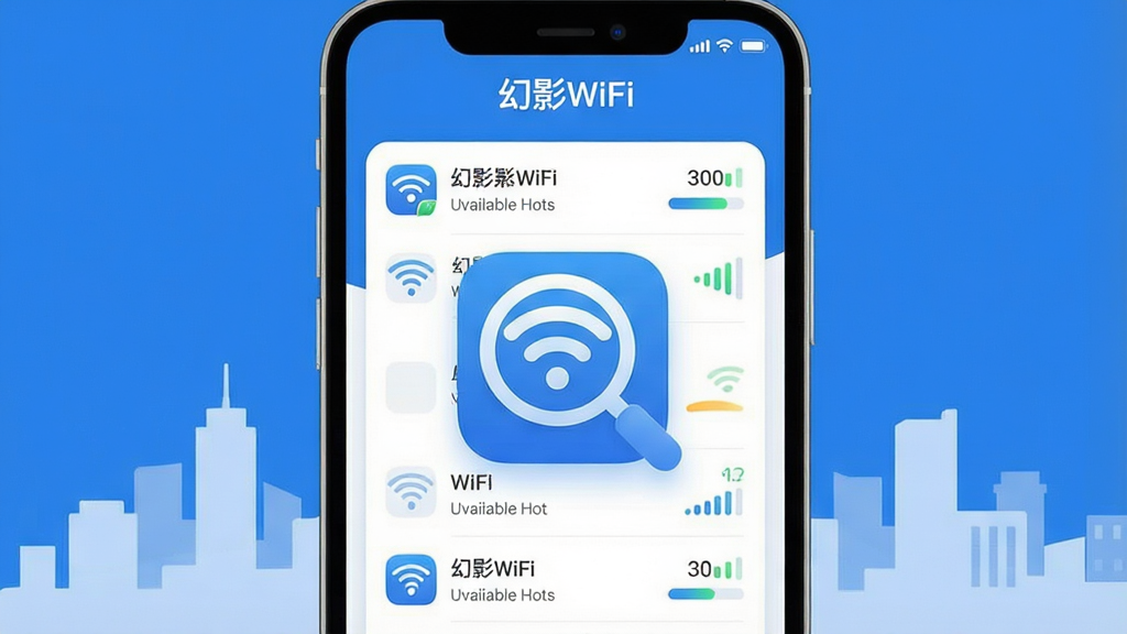 һ��չʾ��Ӱwifi����������ȫò��ͼƬ��������һ���ֻ���Ļ����Ļ����ʾ�Ż�Ӱwifi����Ӧ�������棬����������һ����Ŀ��WiFi�źŷŴ�ͼ�꣬��Χ�����Ŵ��������ȵ���б����ź�ǿ��ָʾ�������ֲ��þ��й�ͼ���ֻ��·��е����ĳ��н־�������Ϊ�������Ű�������������ִ���ƽ����ɫ���ԿƼ����Ͱ�ɫΪ����ϸ��Բ�󣬻��ʸɾ��޶���Ԫ�أ��ʺ���ΪӦ���Ƽ���ͼ��