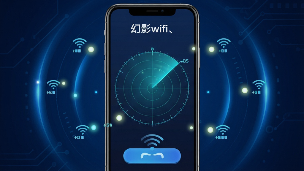 һ��չʾ��Ӱwifi������ɨ�蹦�ܵ�AI��ͼ��������һ���ֻ����棬��Ļ����ʾ���״�ɨ��Ķ���Ч������Χɢ���Ŵ���WiFi�ȵ�Ĺ�㣬����Ա߱�ע���źŸ���������Ϊ�ֻ����У�����������ɫ�ĿƼ��й��Ρ��Ű��ϣ�ɨ�谴ťλ����Ļ�·���������