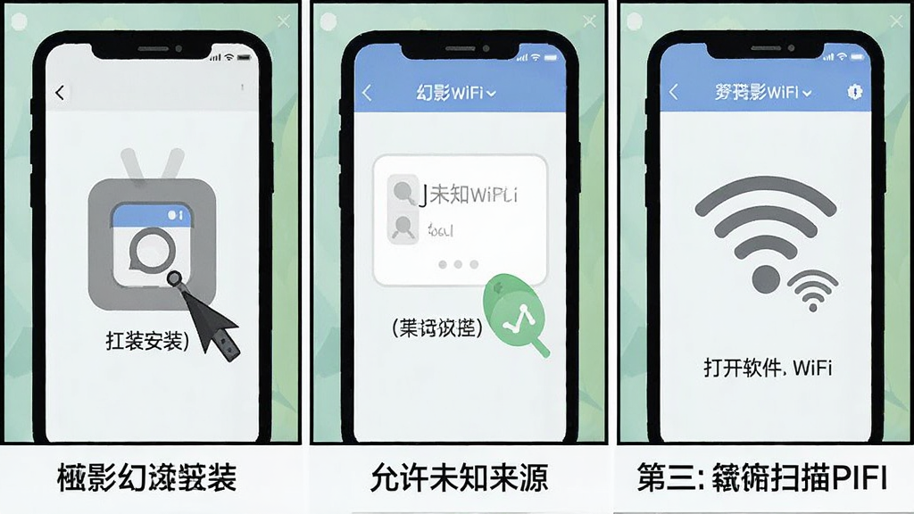 һ��չʾ��Ӱwifi����װʹ�ò����ʾ��ͼ��������һ���ֻ���Ļ����Ļ�Ϸֲ���չʾ����һ�������װ�����ڶ�������δ֪��Դ��������������ɨ��WiFi������Ϊ�������е�����������ʽ���Ű�������ÿ���·��м������˵�������Ϊ��ƽ���̳̲廭��ϸ����ȷ�����ʸɾ����޶���Ԫ�ء�