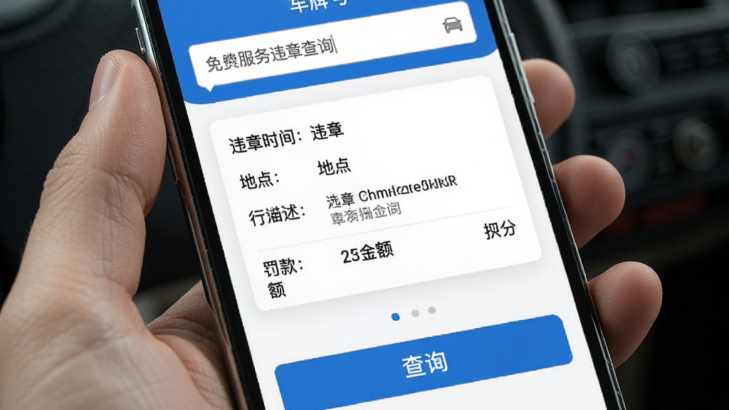 ��ѳ�������Υ�²�ѯ���ҳ�棬�ֻ���Ļ��ʾһ��Υ�¼�¼���飬����Υ��ʱ�䡢�ص㡢��Ϊ������������Ϳ۷���Ϣ��ҳ�涥���г��ƺ�����򣬵ײ��в�ѯ��ť�������԰�ɫ����ɫΪ��ɫ������Ϣ�㼶�������Ű����룬���������ɾ�