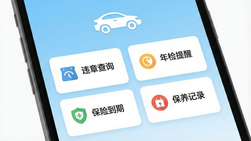 ��ѳ�������app��ҳ����չʾ���ֻ���Ļ����ʾΥ�²�ѯ��������ѡ����յ��ڡ�������¼�ĸ����ܿ�Ƭ��������ǳ��ɫ���䣬��������������ͼ�꣬���岼�ּ����������ƽ����Ʒ�����ֱ�ǩ��ȷ�����ʸɾ��޶���Ԫ��