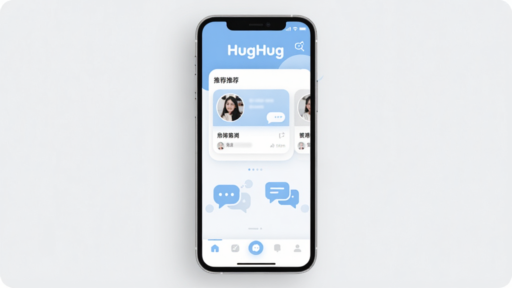 一张展示 HugHug 社交软件主界面的图片,画面中央是手机屏幕,屏幕内显示 HugHug 应用界面,界面布局简洁,顶部有 HugHug 文字标识,中间是推荐用户卡片和聊天气泡图标,底部为导航栏,风格清新现代,主色调为浅蓝和白色,细节圆润,画质干净清晰,无多余元素