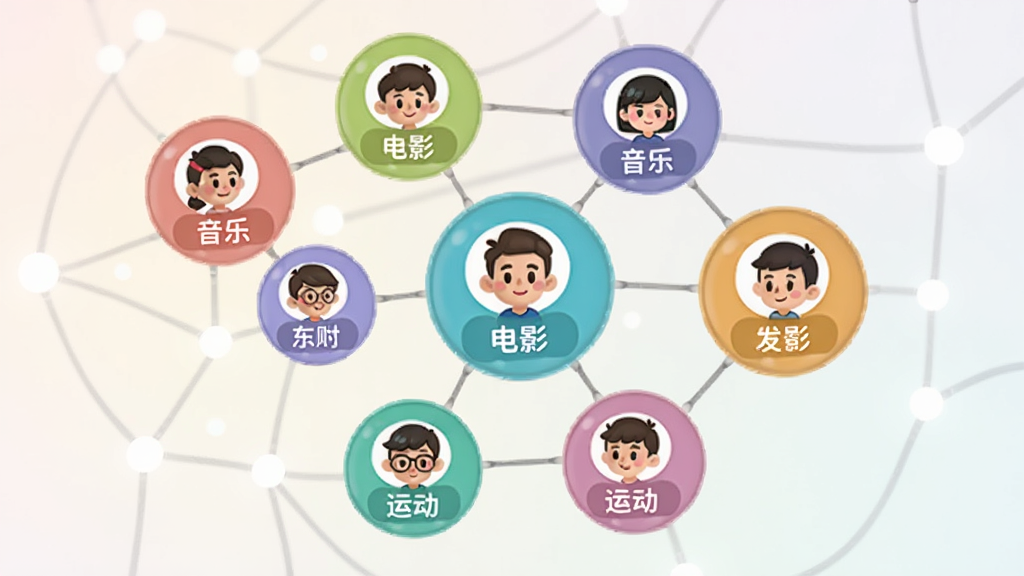 一张 HugHug 智能匹配功能的示意图,画面中央是一个由多个彩色气泡组成的网络,每个气泡里有一个卡通头像和兴趣标签如音乐、电影、运动,气泡之间用线条连接,背景是柔和的渐变色,风格科技感与温馨感结合,画质干净无多余元素