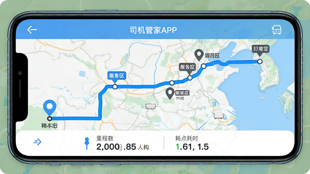 �ֻ���Ļչʾ��˾���ܼ�APP������켣�طŽ��棬��ͼ��һ����ɫ·�ߴ�������쵽�յ㣬;�������������ǵ㣬�ײ���ʾ������ͺ�ʱ���ݣ�����ִ���ƽ�����ʸɾ����޶���Ԫ��