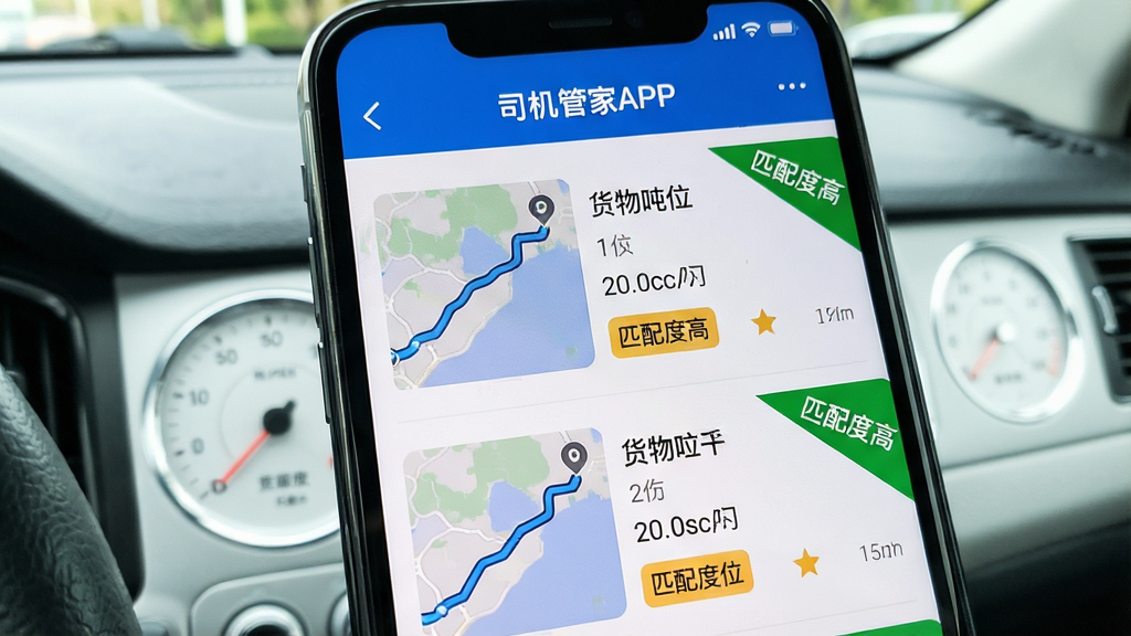 �ֻ���Ļ��д����ʾ��˾���ܼ�APP����Դ�б����棬ÿ����Դ����·�ߵ�ͼ����ͼ�������λ��ǩ�͡�ƥ��ȸߡ���ɫ�Ǳ꣬�����Ǹɾ��ĳ����Ǳ��̣����дʵ�������������޶���Ԫ��