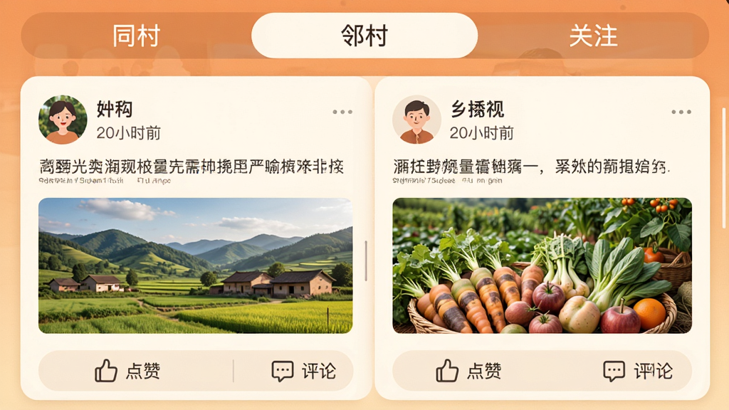 ��Ұ�Ƽ�App���������Ȧ�����ͼ������չʾ��һ�������罻��̬����Ϣ���������С�ͬ�塱�����ڴ塱�͡���ע����ѡ���ÿ����̬�����û�ͷ���ǳơ�����ʱ�䡢����������һ�����羰��ũ��Ʒ����ͼ���ײ��е��޺����۰�ť����������ů���У���ůɫ��Ϊ�����Ű����ʣ������������޶���Ԫ�ء�