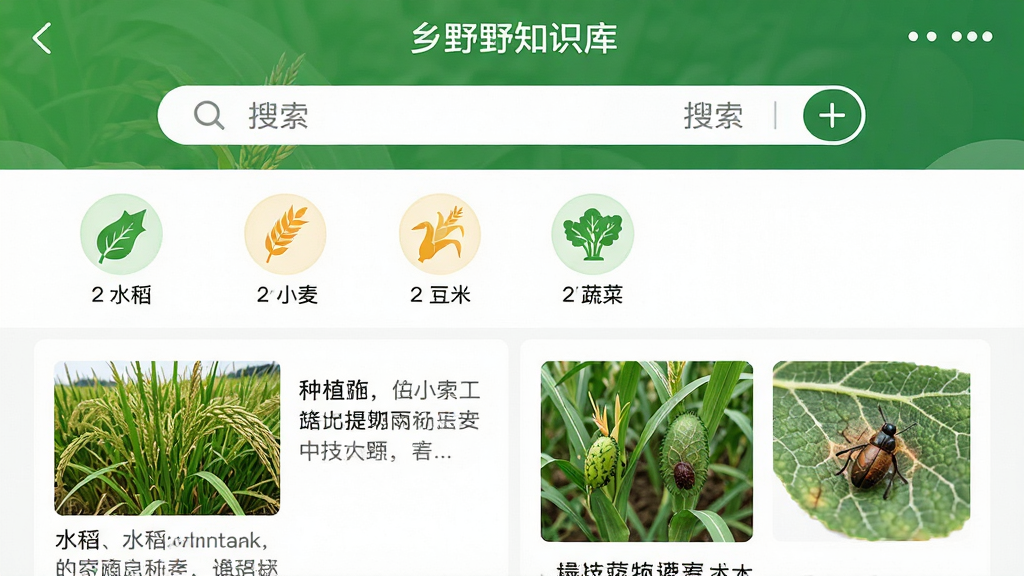 ��Ұ�Ƽ�App��ũ��֪ʶ������ͼ������������һ���������������·�������ˮ����С�����ס��߲˵��������ͼ�꣬����������ͼ�Ĳ�ï����ֲ���������б���������ͼ����չʾũ��������״̬�Ͳ��溦��������������ɫ�Ͱ�ɫΪ�����Ű����������ʸɾ����޶���Ԫ�أ������ʵ�á�