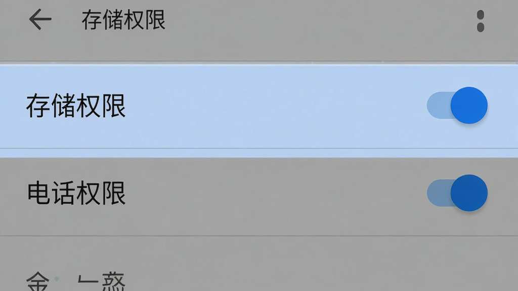 一张展示手机权限设置界面的截图,主体是安卓手机的设置菜单,高亮显示“存储权限”和“电话权限”的开关按钮,布局清晰,排版从上到下依次排列,风格是原生安卓Material Design风格,细节上开关按钮呈蓝色激活状态,画质清晰,干净,无多余元素。