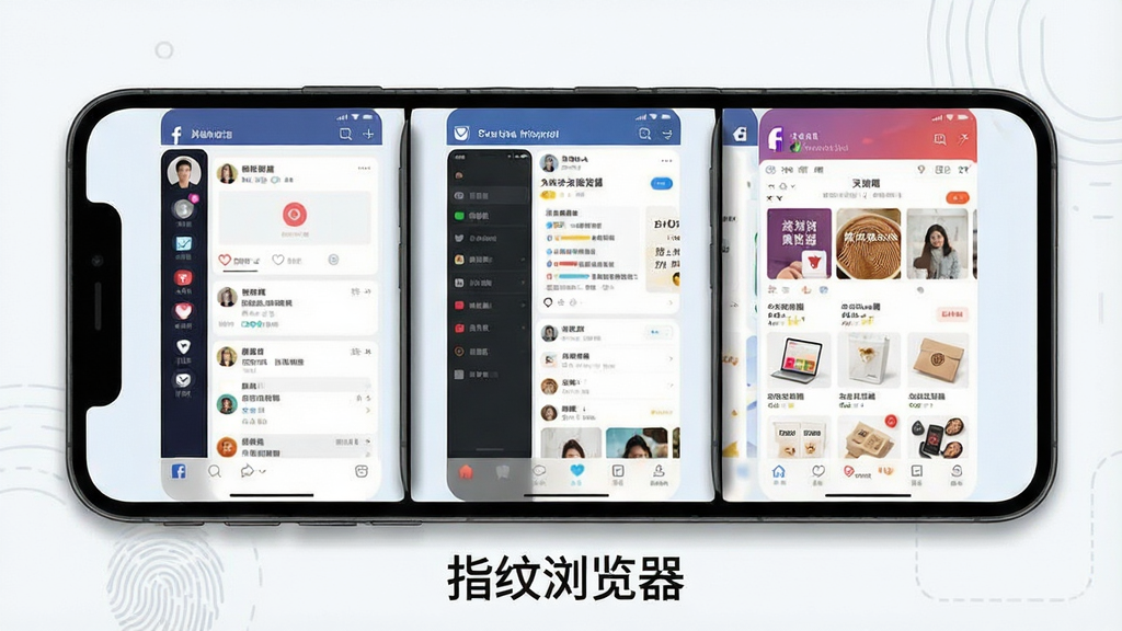 一张展示指纹浏览器多环境隔离功能的示意图,主体是一部手机屏幕被分割成三个独立的小屏幕,每个小屏幕里显示着不同的社交软件或电商平台界面,布局是横向排列,排版规整,风格是简约的插画风,细节上每个小屏幕有轻微的阴影分隔,画质清晰,干净,无多余元素,图片中带有“指纹浏览器”文字。