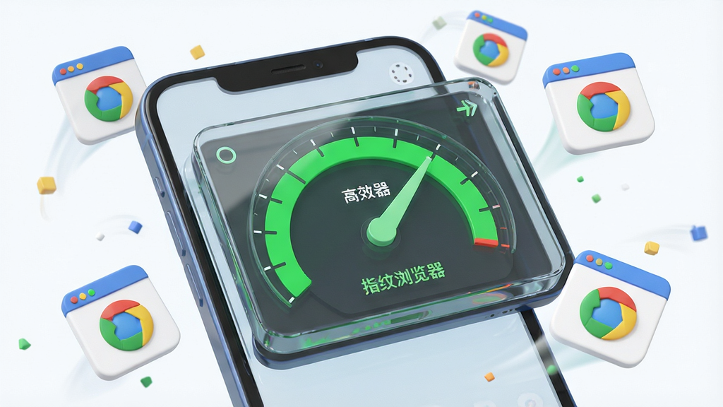 一张展示指纹浏览器运行流畅度的概念图,主体是一部手机屏幕显示着性能监测仪表盘,指针指向绿色高效区域,周围有多个代表浏览器环境的图标在轻盈飞舞,布局动感,排版富有活力,风格是3D渲染卡通风格,细节上仪表盘有玻璃质感,画质清晰,干净,无多余元素,图片中带有“指纹浏览器”文字。