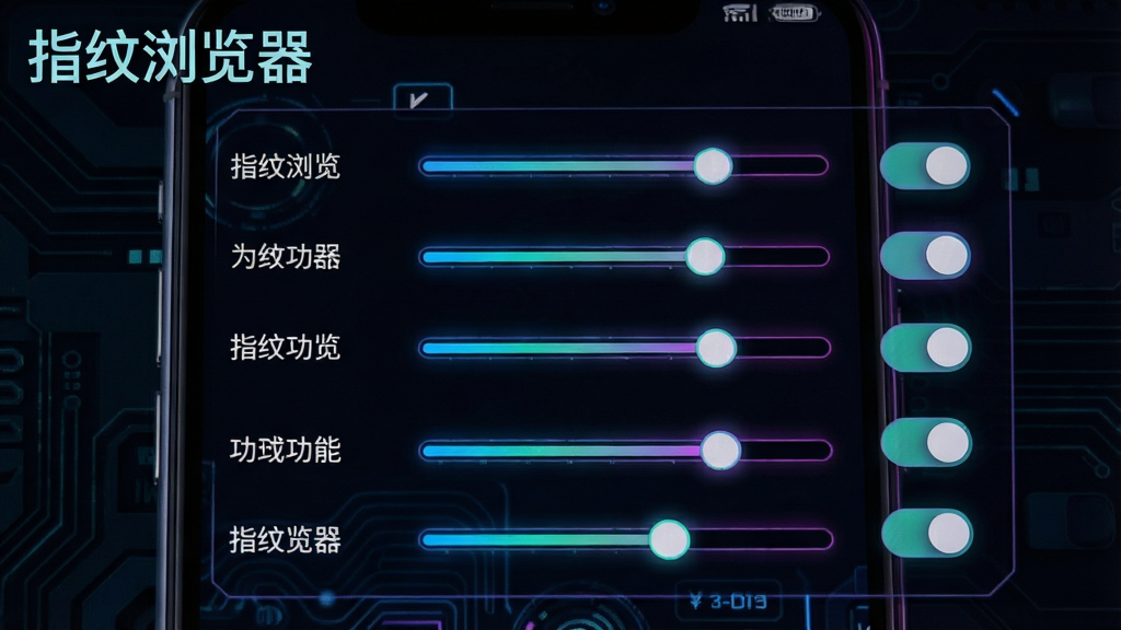 一张展示指纹浏览器指纹伪装功能的界面截图,主体是一个手机屏幕,屏幕上显示着一排排可调节的参数滑块和开关按钮,背景是深色科技风格,布局清晰,排版左侧是参数名称右侧是调节控件,风格是赛博朋克霓虹色调,细节上滑块带有发光效果,画质清晰,干净,无多余元素,图片中带有“指纹浏览器”文字。