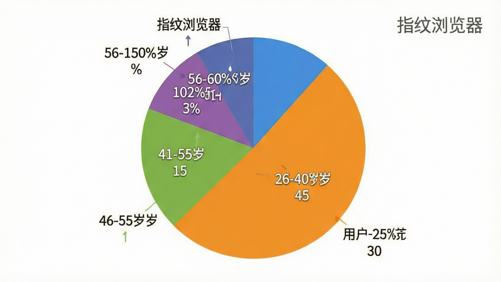 一张展示用户年龄分布的饼状图,主体是一个饼状图,图表分为四块,分别标注18-25岁占比30%,26-40岁占比45%,41-55岁占比15%,56-60岁占比10%,布局居中,排版清晰,风格是扁平化商务图表风格,细节上颜色区分明显,画质清晰,干净,无多余元素,图片中带有“指纹浏览器”文字。