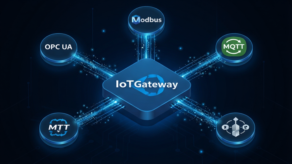 һ��չʾIoTGateway��Э����ݹ��ܵ���ϸͼƬ��������IoTGateway��������־�ͼ���������ͬЭ���ͼ�꣨��Modbus��MQTT��OPC UA������ͼ�꣩�����������ķ���״��IoTGateway��־���м䣬���ܵ�Э��ͼ��ͨ��������������������ӡ��Ű�ǿ��������ת��������ǿƼ��������й�Ч��ϸ���ϣ����������ݴ��������Ч������������ɫ����������������ɾ����޶���Ԫ�ء�