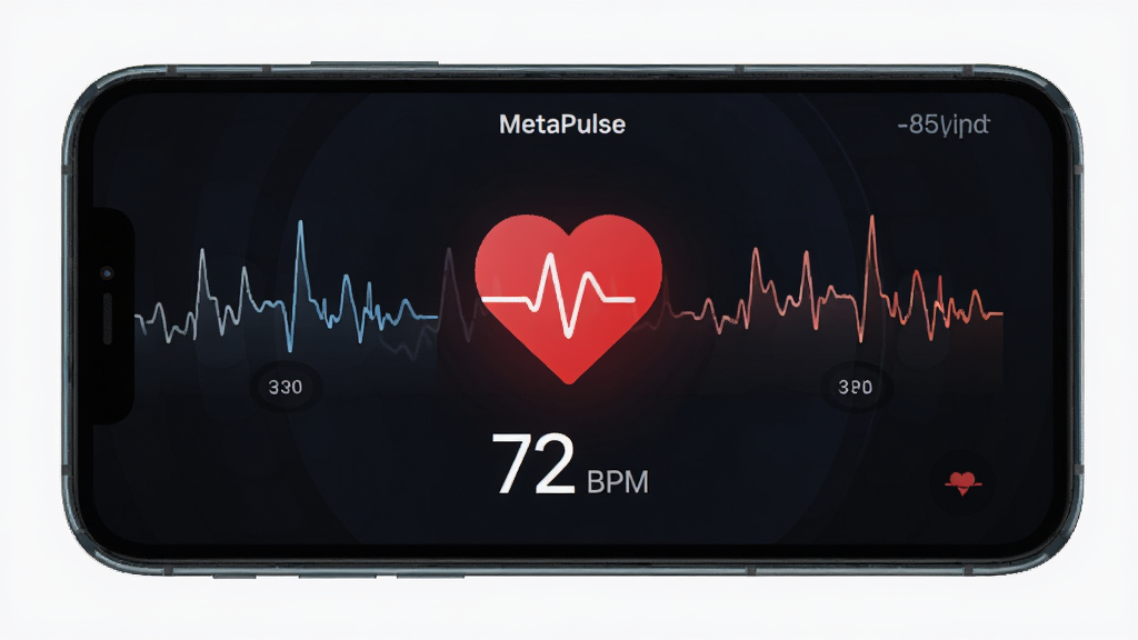 һ��չʾMetaPulse���ʼ�⹦�ܵ��ֻ���ͼ���������ֻ���Ļ��ʾMetaPulseӦ�õ����ʲ������棬������һ����Ŀ�ĺ�ɫ����ͼ�꣬�·���ʾʵʱ������ֵ��72 BPM������Χ�����Ŷ�̬����ͼ������Ϊ��ɫ�����Ƽ���ʮ�㣬ϸ�����������ʸɾ����޶���Ԫ��