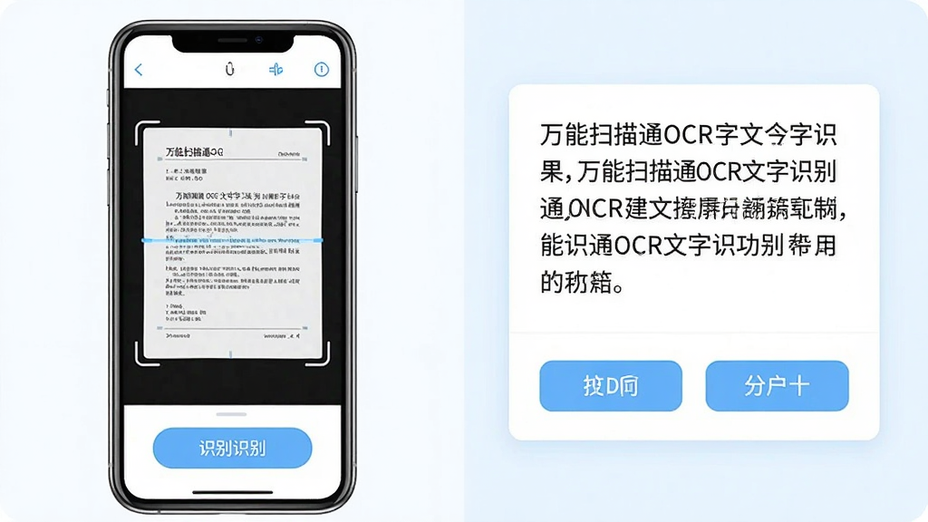 һ��չʾ����ɨ��ͨOCR����ʶ���ܵ�ͼƬ�����������һ���ֻ����ֻ���Ļ����ʾһ��ɨ��õ��ĵ�ͼƬ��ͼƬ�·���һ��ʶ��ť�������Ҳ���ʶ����������ֽ���Կ�Ƭ��ʽչʾ����Ƭ���и��ƺ͵���������ť�����岼�����ҷ������������ˬ����ɫ��Ϊ��ɫ��ǳ��ɫ�����ʸɾ��޶���Ԫ�ء�