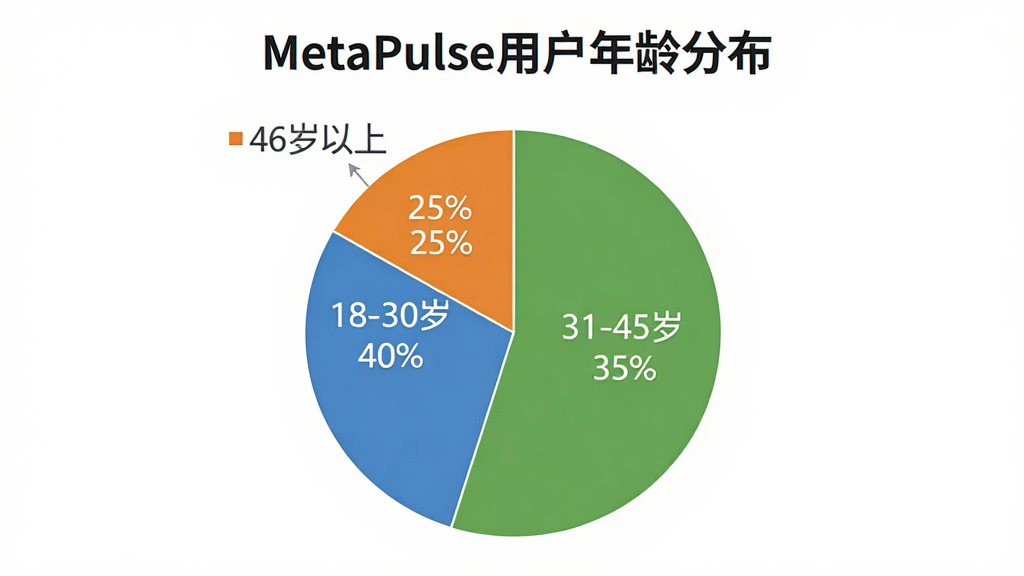 һ��չʾMetaPulse�û�����ֲ���״ͼ��ͼƬ������������Բ�α�ͼ����Ϊ�����������ֱ��ע��18-30�� 40%����31-45�� 35%����46������ 25%������ɫʹ�������̡���������ɫ������Ϊ��ɫ�����������ϸ�����������ʸɾ����޶���Ԫ��
