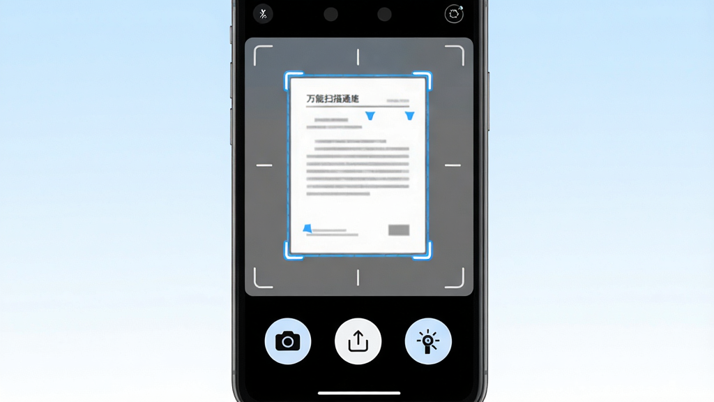 һ��չʾ����ɨ��ͨ�ֻ�App�������ͼƬ�������������ֻ���Ļ����Ļ����ʾ����ɨ��ͨ�����ɨ��ȡ����ȡ��������һ��ֽ���ĵ����ڱ��Զ�ʶ���Ե��������ѡ����Ļ�·������㡢���롢���������Բ��İ�ťͼ�꣬������ǳ������ɫ�Ľ��䣬���������ִ���ƽ����ϸ��Բ��ɾ������������޶���Ԫ�ء�