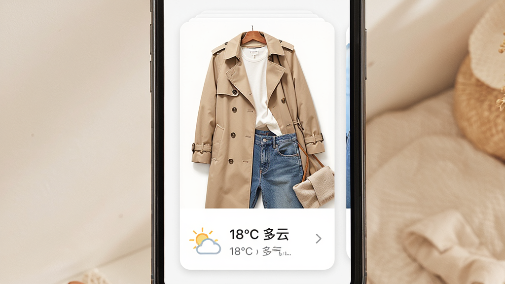 һ��չʾ�������³���ÿ�մ����Ƽ����ܵ���ͼ���������ֻ���Ļ����Ļ����ʾһ�״���õķ�װ������һ����ɫ���¡���ɫ�ڴ��ţ�п㣬�Ա�������ͼ��͡�18��C ���ơ������֣������ǿ�Ƭʽչʾ���Ű����Ϸ��Ǵ���ͼ�·���������Ϣ���������ů�����ϸ�����·����ʸУ����ʸ��壬�ɾ����޶���Ԫ�ء�