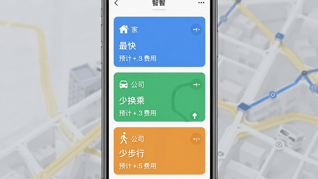 ;�ǻ�App·�߹滮������棬�ֻ���Ļ����ʾ�ӡ��ҡ�������˾��������·�߷�����Ƭ���ֱ��ע����족���ٻ��ˡ����ٲ��С���ÿ��·���·���Ԥ��ʱ��ͷ��ã�����Ϊ�ֻ��뷽���б������ֲ��ô�ֱ�ѵ��Ű棬���Ϊ��Ƭʽ��Ϣ����ϸ���ϲ�ͬ�����������̡������֣����ʸɾ�������Ԫ��