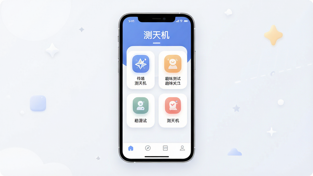 一张展示“测天机”应用主界面的图片,主体是手机屏幕中央显示“测天机”软件的主页,布局简洁明了,顶部有软件名称“测天机”,中间是几个趣味测试分类入口图标,底部是导航栏,排版采用居中对称设计,风格现代扁平化,细节圆润柔和,画质清晰干净,无多余元素。