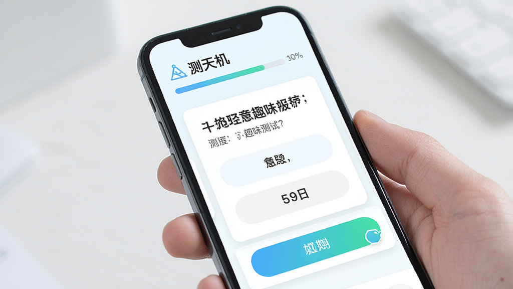 一张展示“测天机”测试界面的图片,主体是手机屏幕显示一道趣味测试题,题目文字和选项按钮清晰可见,布局采用卡片式设计,上方有进度条,下方是选项按钮,排版简洁整齐,风格清新明快,细节精致,画质干净无多余元素。