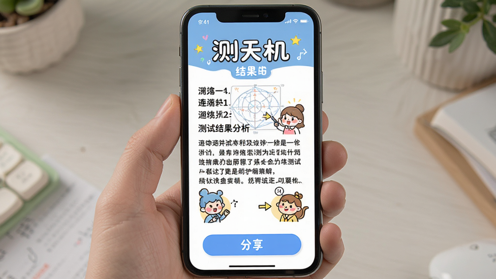 一张展示“测天机”结果页面的图片,主体是手机屏幕显示测试结果分析,包含文字描述和趣味插图,布局采用上下结构,上方是结果标题,中间是详细解读文字,下方是分享按钮,排版清晰易读,风格轻松活泼,细节丰富,画质干净无多余元素。