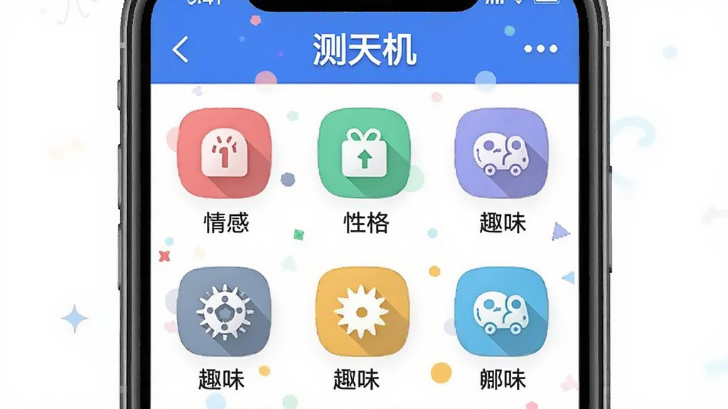 一张展示“测天机”应用内多种测试分类的图片,主体是手机屏幕显示测试分类列表,包含情感、性格、趣味等多个类别图标,布局采用网格排列,排版整齐有序,风格活泼明快,细节清晰,画质干净无多余元素。