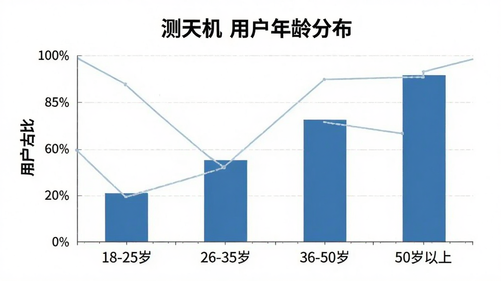 一张展示“测天机”用户年龄分布的柱状图,主体是柱状图图表,横轴标注年龄段“18-25岁”“26-35岁”“36-50岁”“50岁以上”,纵轴标注用户占比,布局居中,风格简洁商务,细节清晰,画质干净无多余元素。