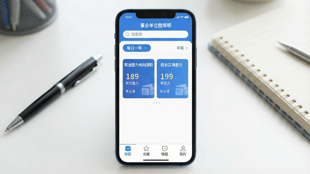 一张手机应用界面展示图,画面中央是一部现代智能手机,屏幕上显示着一款名为“事业单位题库帮”的App主界面,界面顶部有搜索框和每日一练入口,中间是职业能力倾向测验和综合应用能力两大题库分类卡片,底部是做题、收藏、错题、我的四个导航栏,整体配色以蓝色和白色为主,风格简洁清爽,背景为柔和的书桌场景,桌上放着一支笔和一本笔记本,画质清晰,无多余元素