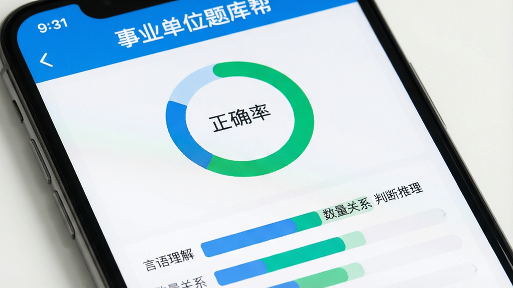 一张手机屏幕特写图,展示“事业单位题库帮”的模拟考试结果页面,画面中央是一个圆环形的正确率统计图,下方是分模块的能力分析条状图,每个模块旁边有“言语理解”“数量关系”“判断推理”等文字标签,界面配色为蓝色和绿色,风格扁平化,背景干净,画质清晰,无多余元素