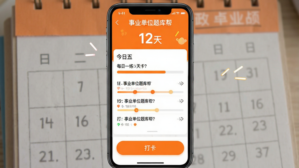 一张手机应用界面截图,展示“事业单位题库帮”的每日一练打卡页面,画面顶部显示连续打卡天数“12天”,中间是今日五道题的答题进度条,底部有一个“打卡”按钮,界面配色为橙色和白色,风格活泼,背景有淡淡的日历纹理,画质干净,无多余元素