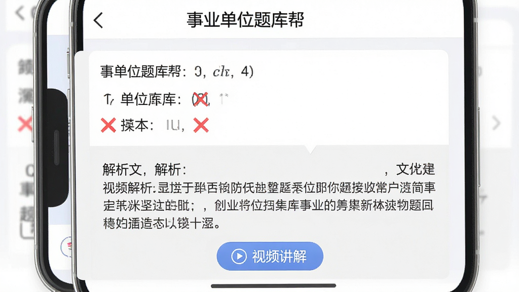 一张手机应用界面截图,展示“事业单位题库帮”的错题本页面,画面中是一道做错的选择题,选项旁边有红色叉号标记,下方展开着详细的文字解析,解析区域有“视频讲解”按钮,界面配色为白色和浅灰色,风格简洁,背景干净,画质清晰,无多余元素