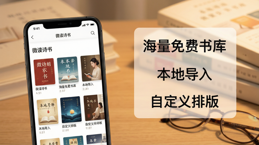 һ��չʾ�������Ķ�Ӧ�ù��ܵĳ���ͼ�����������һ���ֻ�����Ļ��ʾ��΢��ʫ�顱����ܽ��棬����������Ŷ౾��������棬�Ҳ��ǰ�͸���Ĺ���˵�����㣬��ע�š����������⡱�����ص��롱���Զ����Ű桱����������������͵�ůɫ����������ɢ���ż���ֽ�����һ���۾�����������ܰ���������������ɾ����޶���Ԫ��