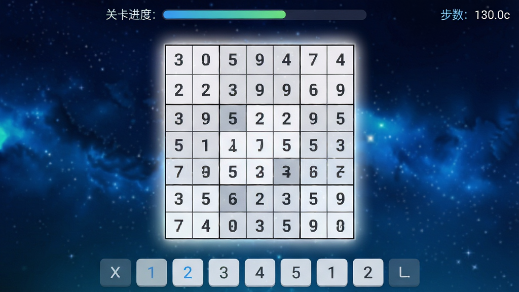 数独趣味闯关游戏主界面截图,画面中央是一个9x9数独棋盘,格子里填着部分数字,棋盘周围有柔和的光晕效果,背景是深蓝色星空渐变,顶部显示关卡进度条和步数统计,底部有数字选择键盘,整体风格简洁清新,UI设计现代扁平,画质干净清晰,无多余元素