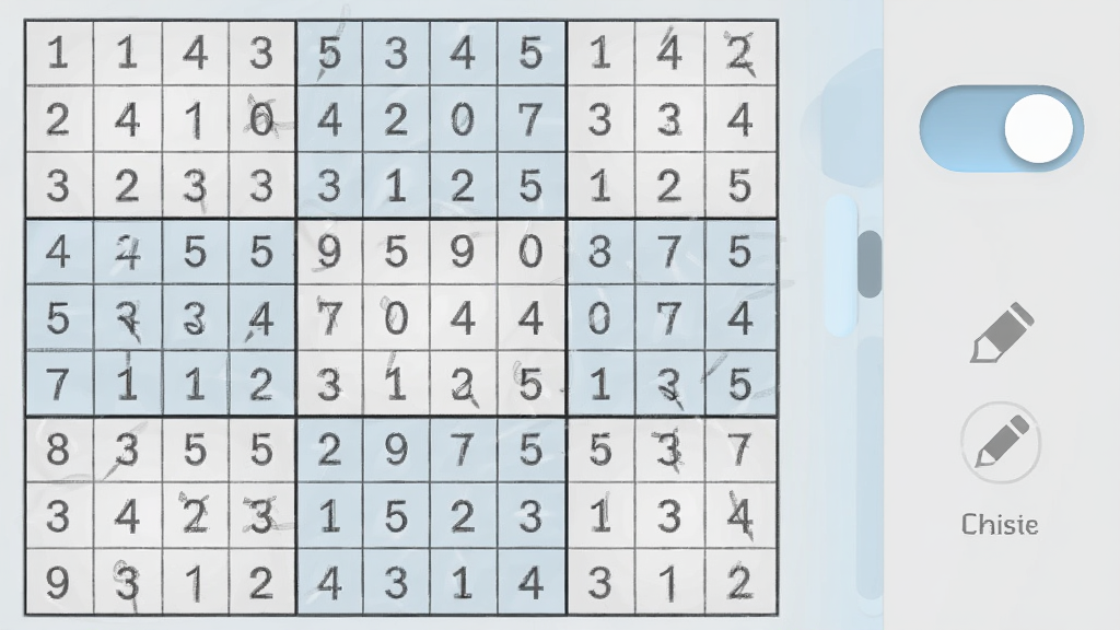 数独趣味闯关游戏中的笔记模式界面,展示一个9x9数独棋盘,部分格子里用铅笔小字标注了候选数字,界面右侧有笔记开关按钮和擦除工具,配色以浅灰和淡蓝为主,棋盘线条清晰,数字排列整齐,UI风格简约干净,画质高清无噪点