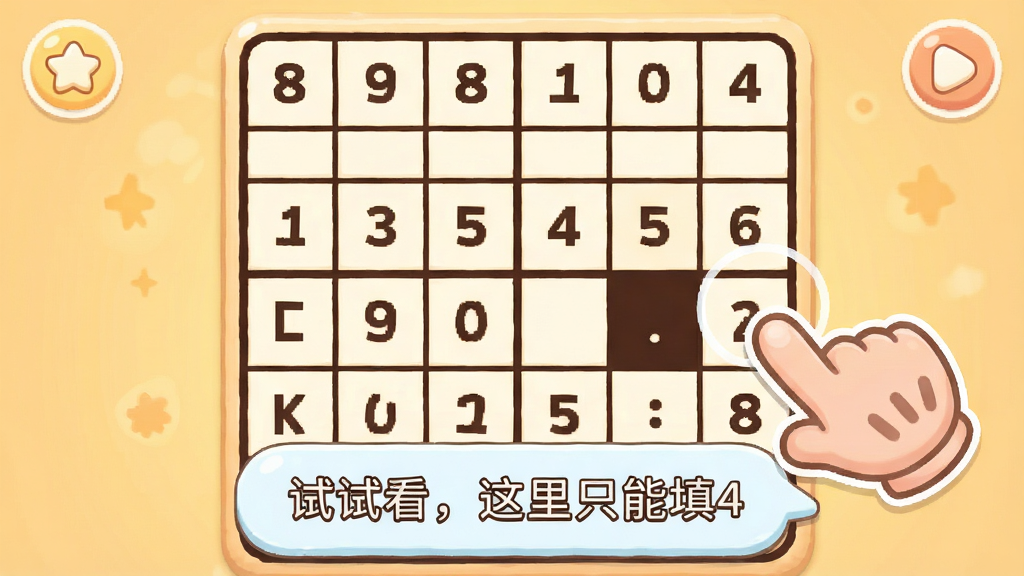 数独趣味闯关新手教程界面截图,画面展示一个放大的四宫格数独示例,旁边有手指图标指向一个空格,下方有文字气泡提示“试试看,这里只能填4”,整体色调温暖明亮,界面元素圆润可爱,适合新手理解,画质清晰干净